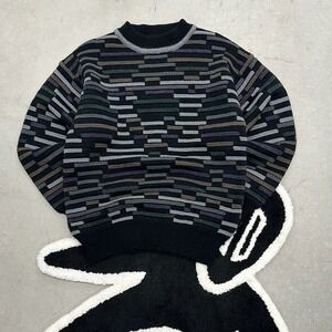 Paulo Conti Vintage Geometric Knit Sweater Mens Small Black Grey‎ Wool Blend